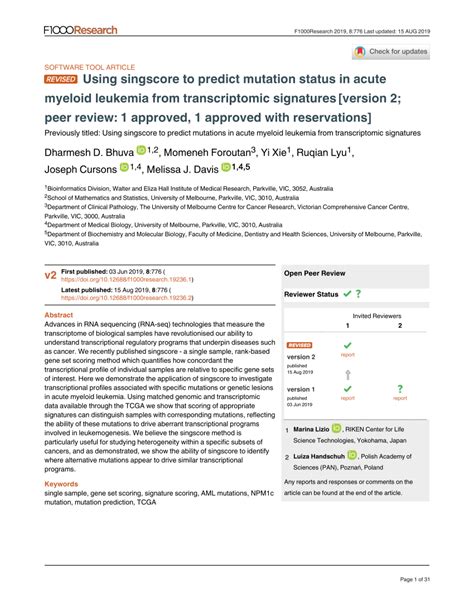 Pdf Using Singscore To Predict Mutation Status In Acute Myeloid