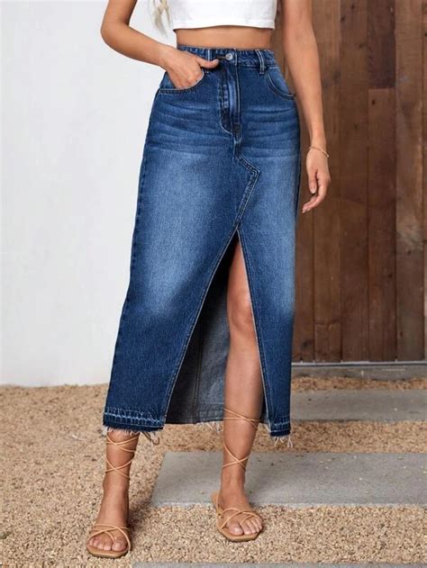 Shein Essnce High Waist Split Thigh Denim Skirt Shein Usa