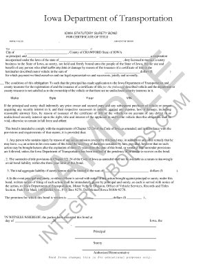 Fillable Online Iowa Statutory Surety Bond For Certificate Of Title