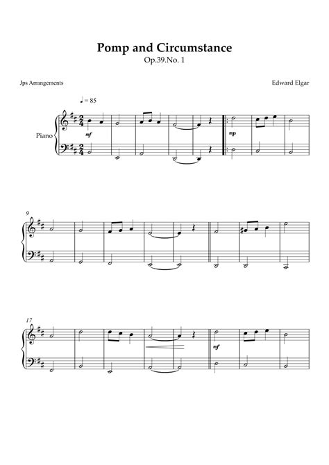 Pomp And Circumstance No 1 For Piano In D Major Arr Jps Arrangements Sheet Music Edward