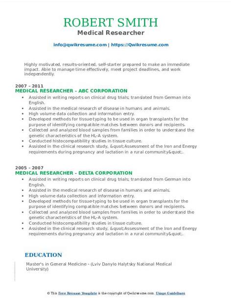 Medical Researcher Resume Samples QwikResume