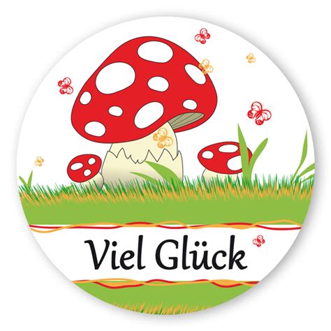 Geschenk Aufkleber Viel Glück mit Pilz rund 40 mm 100 Stück