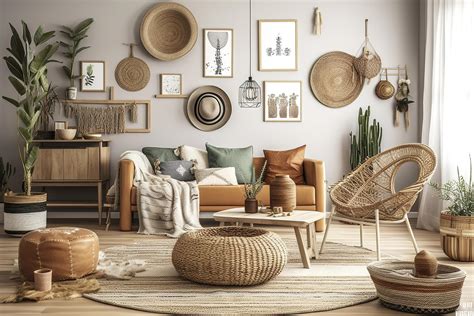 Stylish And Modern Boho Inspired Living Room With Carpet Rattan