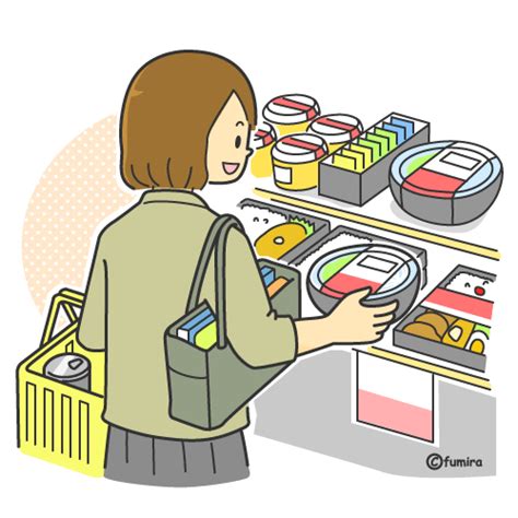 コンビニで買い物をする女性のイラスト（カラー） 子供と動物のイラスト屋さん わたなべふみ