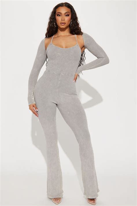 Sammy Mineral Wash Rib Jumpsuit Set Grey Fashion Nova Jumpsuits