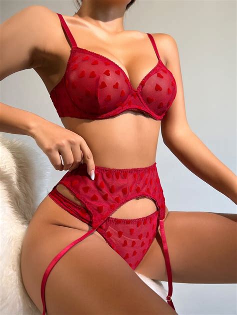 Heart Mesh Underwire Garter Lingerie Set Shein Uk