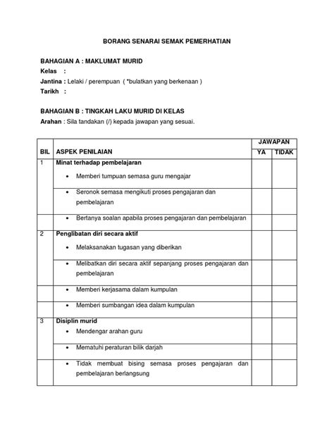 Borang Senarai Semak Pemerhatian Pdf