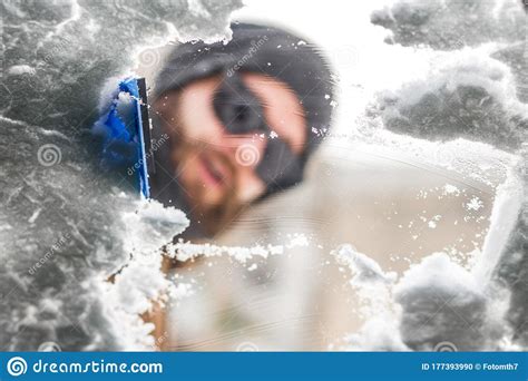 Man Cleaning His Car From Snow Stock Photo Image Of Road Concept