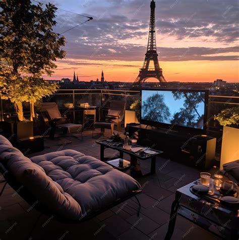 Premium AI Image | a balcony with a view of the eiffel tower and the ...