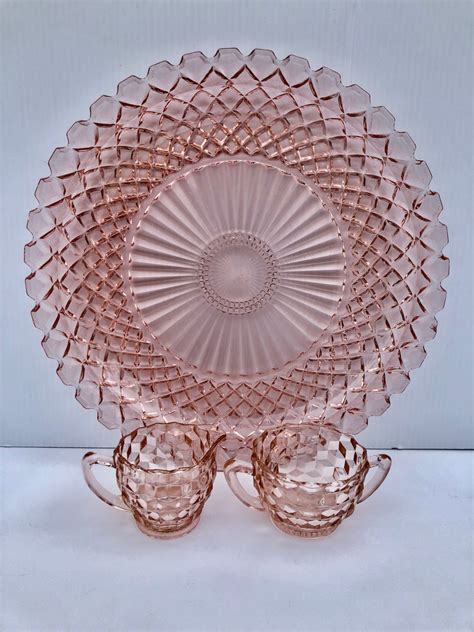 Antique Pink Depression Glass Set Of Three Includes Large Anchor Hocking Waffle Pattern