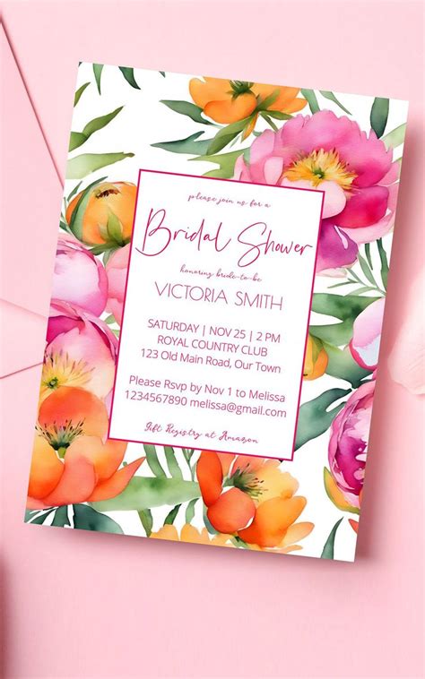 Pink Peach Orange Peonies Elegant Bridal Shower Invitation Zazzle