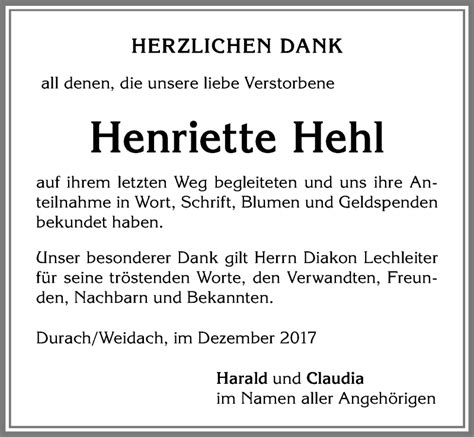 Traueranzeigen von Henriette Hehl Allgäuer Zeitung