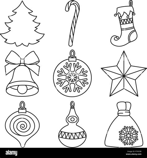 Line Art Black And White 9 Christmas Elements Set Stock Vector Image