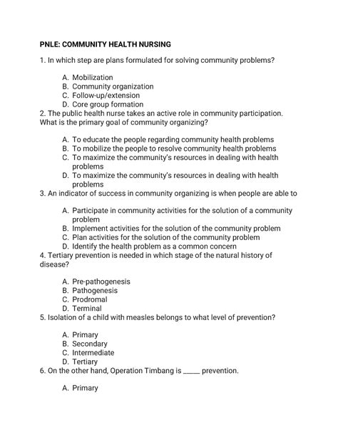 CHN 2 Practice PNLE COMMUNITY HEALTH NURSING In Which Step Are Plans