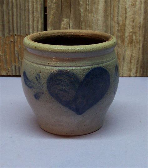 Old Signed Stoneware Cobalt Blue Decorated Miniature Mini Crock Hearts