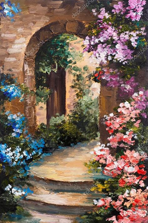 Oil Painting Summer Terrace Colorful Flowers In A Garden House In