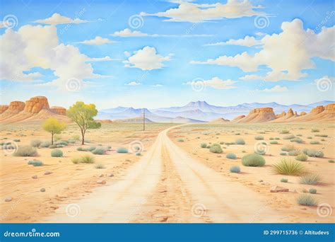 Gravel Road Traversing A Desert With Sand Dunes In The Distance Stock