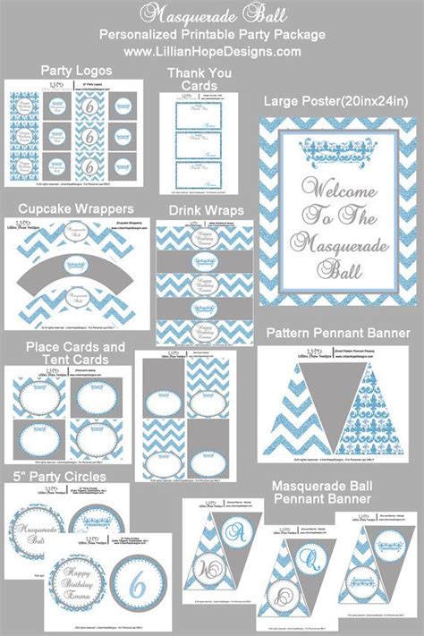 Masquerade Ball Chevron Birthday Party Printable Personalized Party Package Glitter Glam