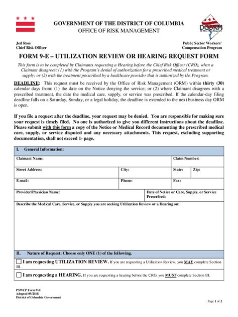 Fillable Online Orm Dc FORM 9 E UTILIZATION REVIEW OR HEARING REQUEST