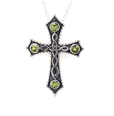 Sterling Silver Oxidised Celtic Cross With Peridot Stones Fallers