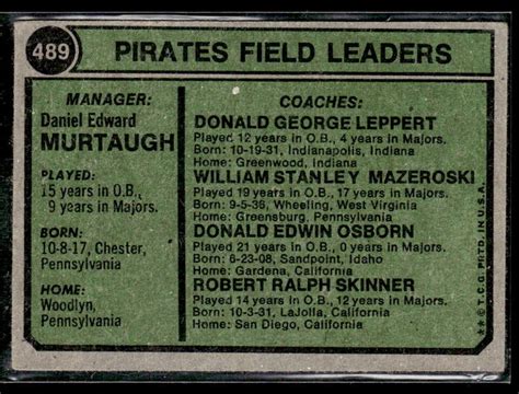 Topps Pirates Field Leaders Danny Murtaugh Pittsburgh Pirates