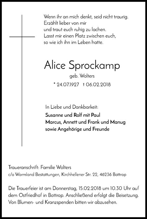 Traueranzeigen Von Alice Sprockamp Trauer In NRW De