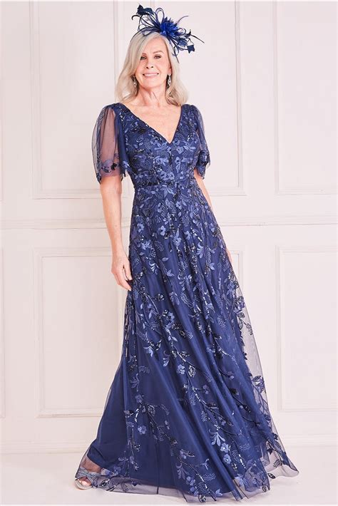 Goddiva Embroidered Flared Sleeve Maxi Navy