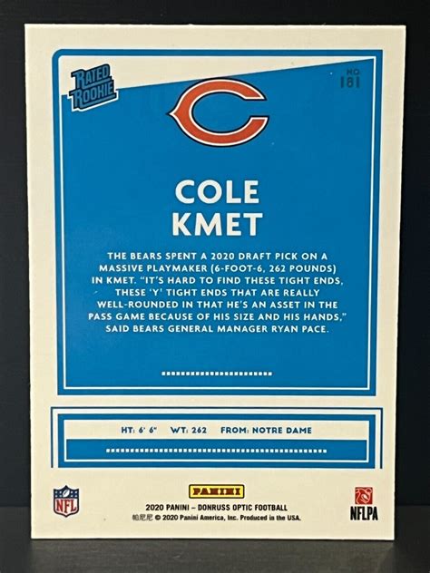 Panini Donruss Optic Cole Kmet Rated Rookie Card Base Bears