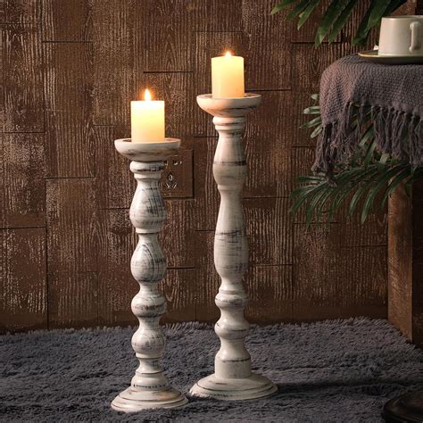 Yoande 2 Pcs Floor Tall Candle Holders White Rustic Large Wooden Floor Candle