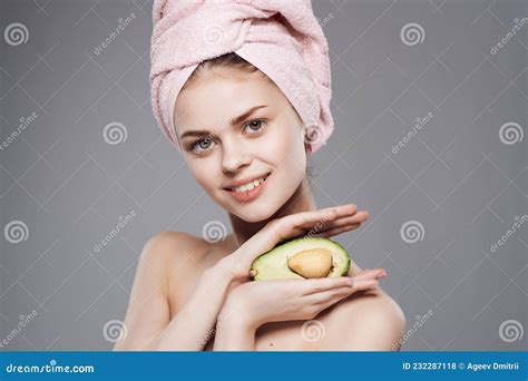 Pretty Woman Bare Shoulders Skin Care Avocado Posing Close Up Stock