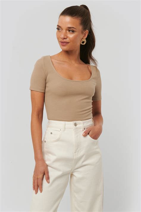 Ribbed Short Sleeve Top Beige Na