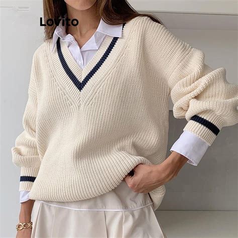 Lovito Women Casual Plain Contrast Binding Sweater LNL59321 Shopee