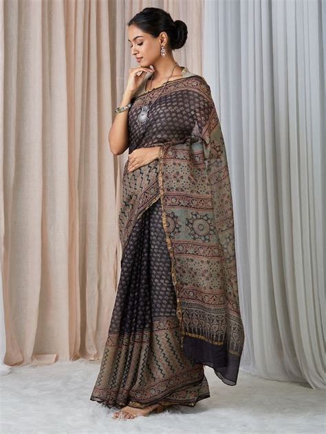 Buy Brown Ajrakh Hand Block Printed Kota Doria Saree VARA405 VARA4