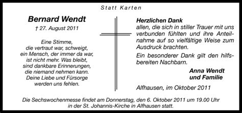 Traueranzeigen Von Bernard Wendt Noz Trauerportal