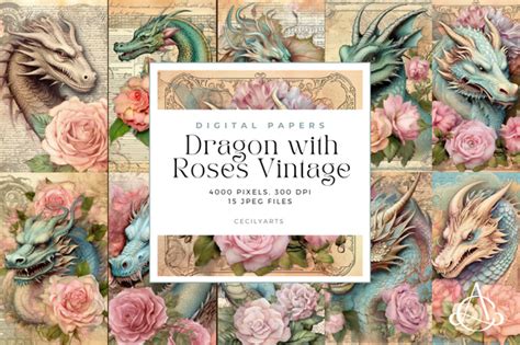 Dragon With Roses Vintage Junk Journal Graphic By Cecily Arts