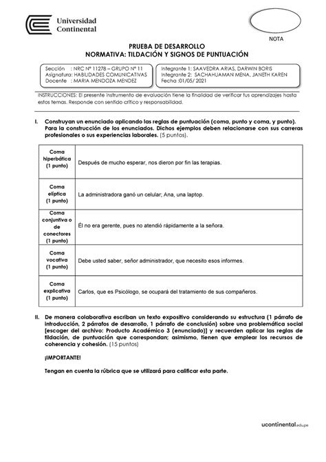 PRUEBA DE DESARROLLO NORMATIVA TILDACIÓN Y SIGNOS DE PUNTUACIÓN NOTA