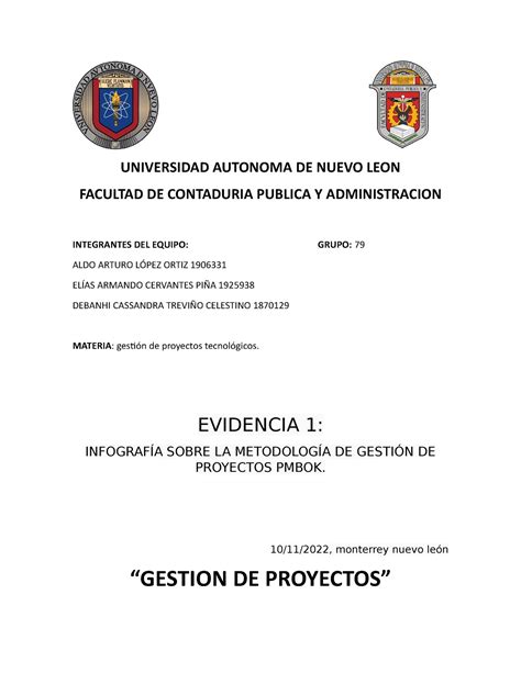 Evidencia 1 Gestion De Proyectos Universidad Autonoma De Nuevo Leon Facultad De Contaduria