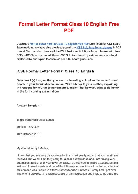 Formal Letter Format Class 10 English Free Pdf Download By Icseboards Issuu