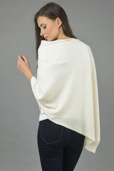 Pure Cashmere Knitted Asymmetric Poncho Wrap In Cream White