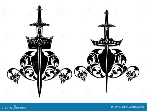 Royal Crown Sword And Rose Flowers Outline For Vector Coat Of Arms