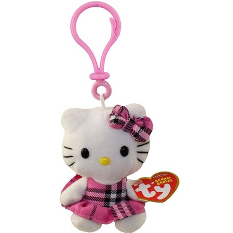 Ty Beanie Baby Hello Kitty Pink Tartan Plaid Plastic Key Clip