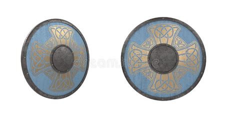 3d Illustration Of A Medieval Light Blue Viking Shield With Gold