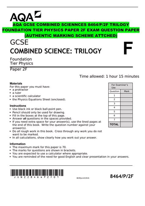 Aqa Gcse Combined Sciences 8464p2f Trilogy Foundation Tier Physics