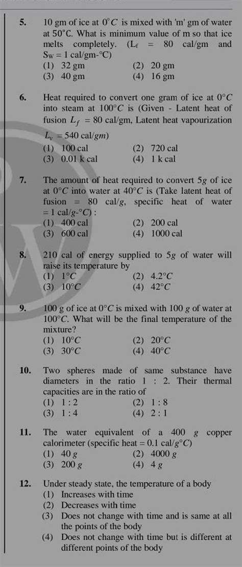 The Amount Of Heat Required To Convert 5g Of Ice At 0C Into Water At 40