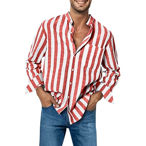 Shirts for Men Striped Print Long Sleeve Button-Down Shirts Red L Shirt ...