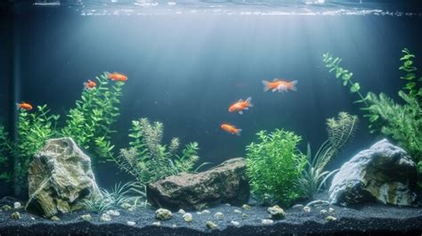 Premium Photo | A fish tank with a rock and plants in the background