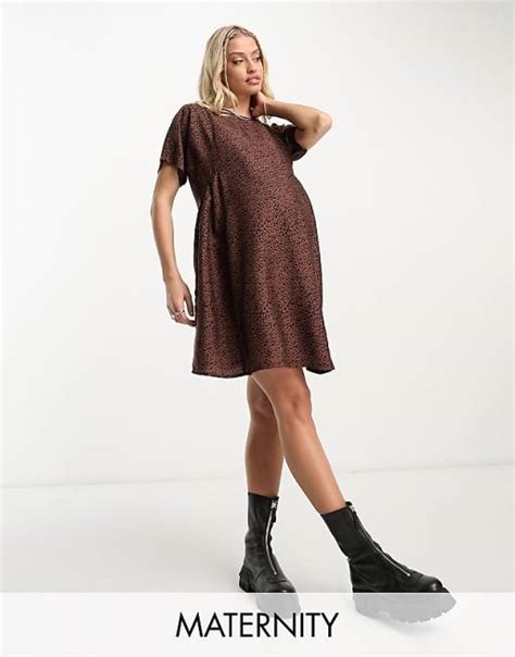 Wednesdays Girl Maternity Smudge Spot Mini Smock Dress In Brown Asos