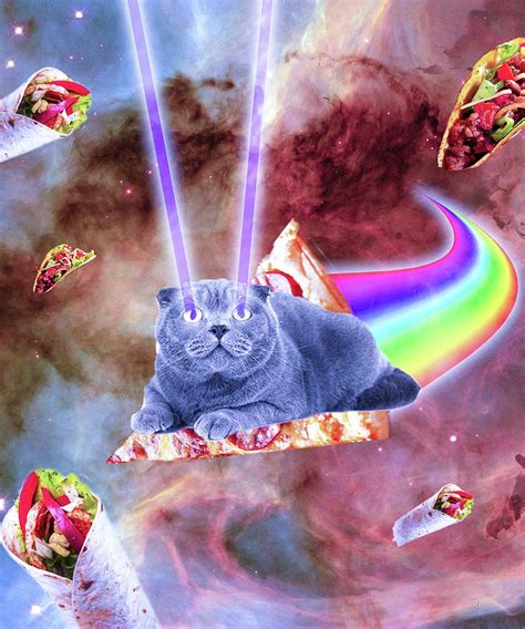 Laser Eyes Space Cat Riding Rainbow Pizza Digital Art By Random Galaxy