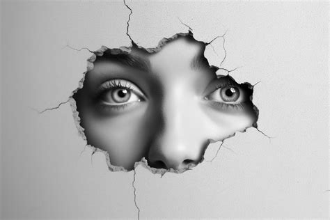 Women Eye peeping through hole in concrete wall. Black and white. Ai