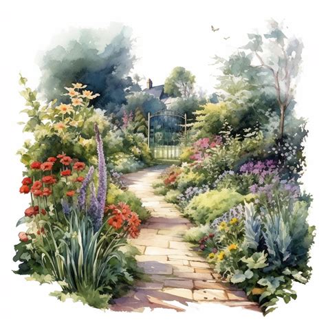 Premium Photo | A watercolor painting of a garden path with a garden in ...